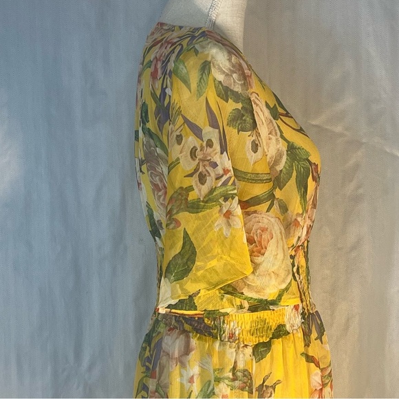Easel Swimwear Cover Up Shear Yellow Floral Deep V Neck Slit Flutter Sleeves S - Picture 6 of 10
